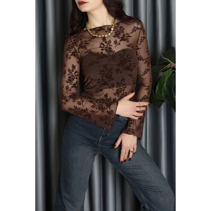 Transparan Şifon Kayık Yaka Bluz Kahve - 70847.2078.