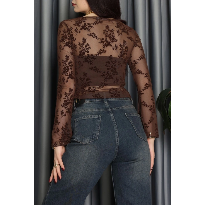 Transparan Şifon Kayık Yaka Bluz Kahve - 70847.2078.