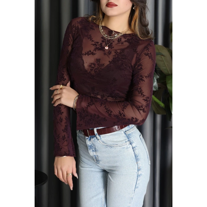 Transparan Şifon Kayık Yaka Bluz Mürdüm - 70847.2078.