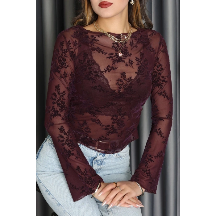 Transparan Şifon Kayık Yaka Bluz Mürdüm - 70847.2078.