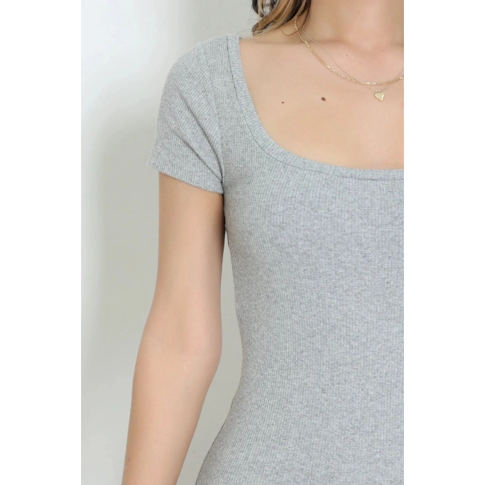 U Yaka Yırtmaçlı Kaşkorse Elbise Gri - 71021.1748.