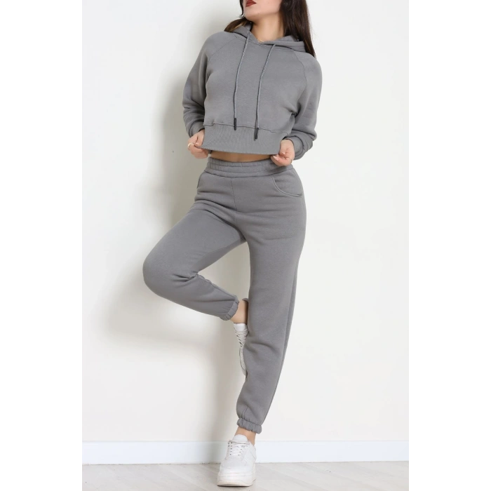 Üç İplik Crop Eşofman Takımı Antrasit - 70778.1878.