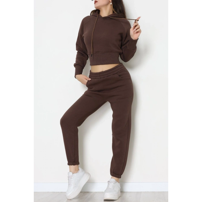 Üç İplik Crop Eşofman Takımı Kahve - 70778.1878.