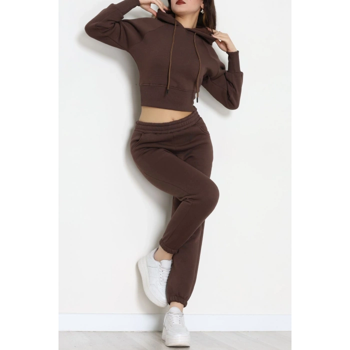 Üç İplik Crop Eşofman Takımı Kahve - 70778.1878.