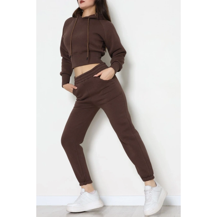 Üç İplik Crop Eşofman Takımı Kahve - 70778.1878.