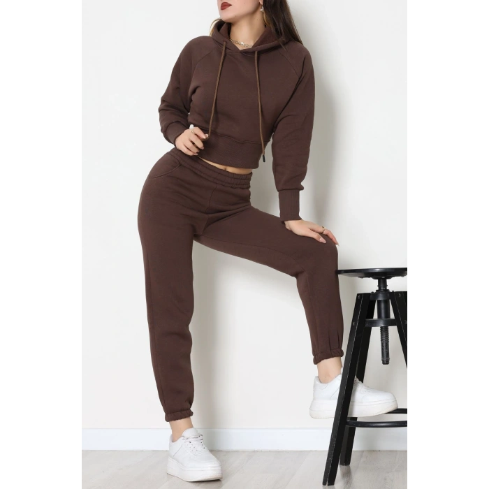 Üç İplik Crop Eşofman Takımı Kahve - 70778.1878.