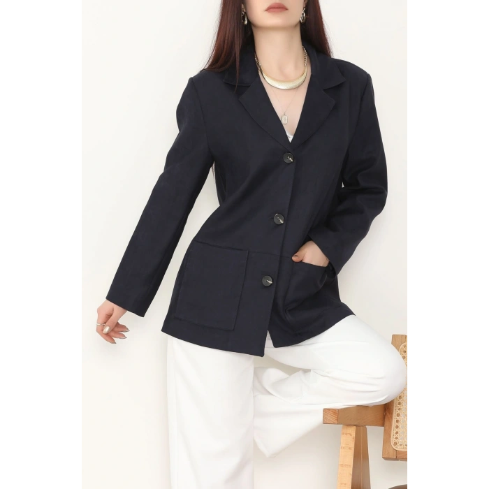 Üstten Takma Cep Süet Ceket Lacivert - 6291.424.