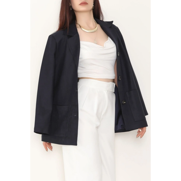 Üstten Takma Cep Süet Ceket Lacivert - 6291.424.