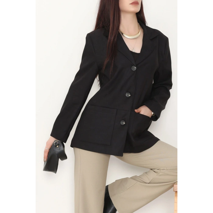 Üstten Takma Cep Süet Ceket Siyah - 6291.424.