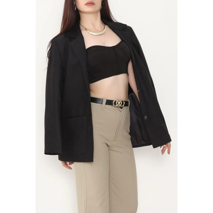 Üstten Takma Cep Süet Ceket Siyah - 6291.424.