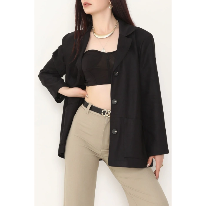 Üstten Takma Cep Süet Ceket Siyah - 6291.424.