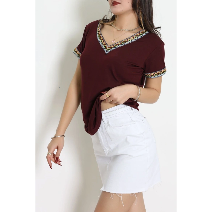 V Şerit Etnik Desen Yakalı Viskon Bluz Bordo - 43000.1256.