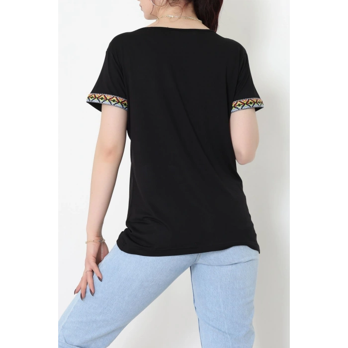 V Şerit Etnik Desen Yakalı Viskon Bluz Siyah - 43000.1256.