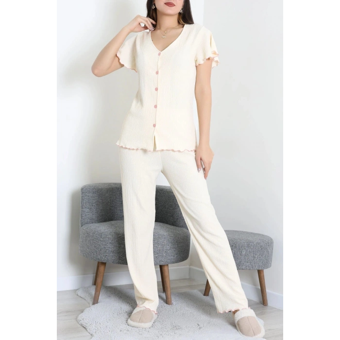 V Yaka Bürümcük Pijama Takımı Bej - 52340.2159.