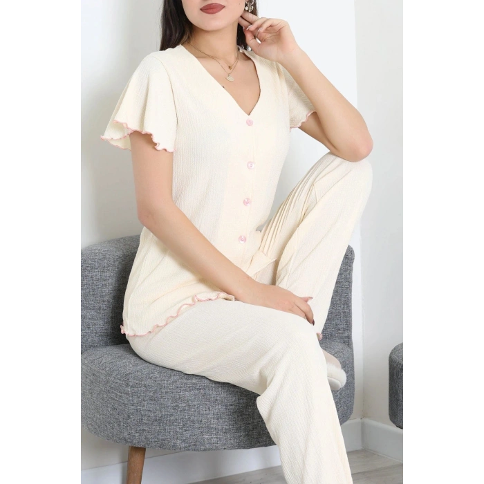 V Yaka Bürümcük Pijama Takımı Bej - 52340.2159.