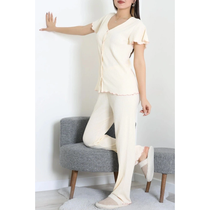V Yaka Bürümcük Pijama Takımı Bej - 52340.2159.