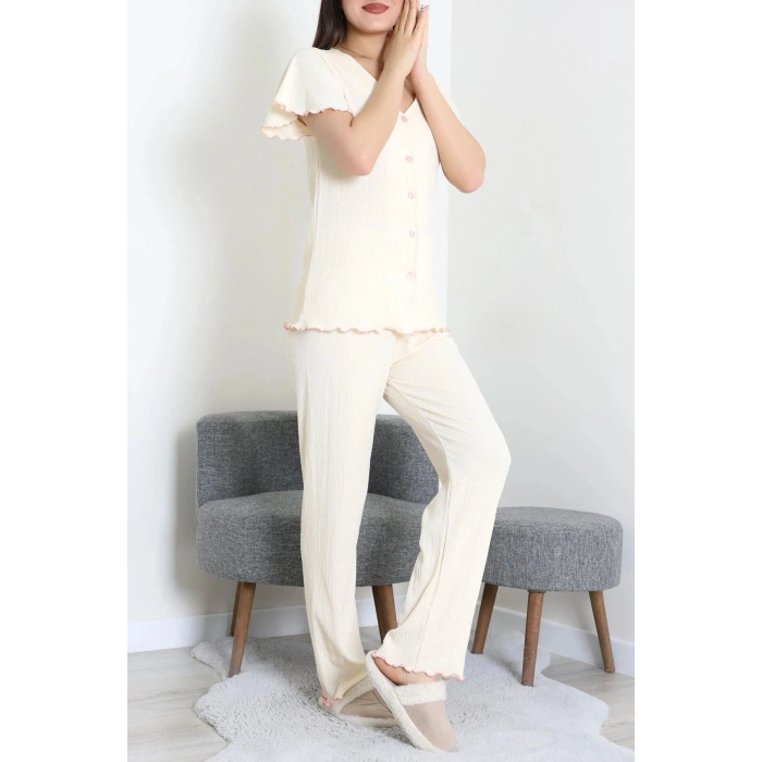 V Yaka Bürümcük Pijama Takımı Bej - 52340.2159.