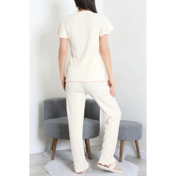 V Yaka Bürümcük Pijama Takımı Bej - 52340.2159.