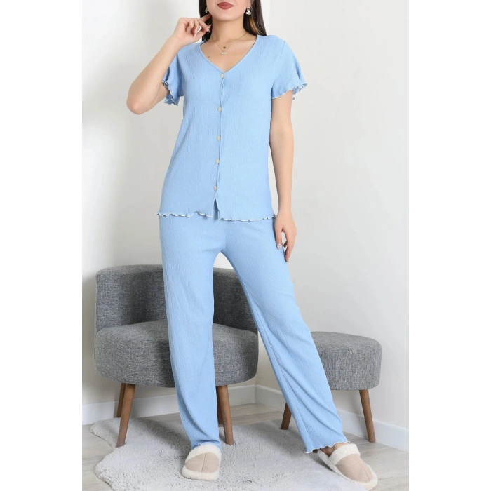 V Yaka Bürümcük Pijama Takımı Mavi - 52340.2159.