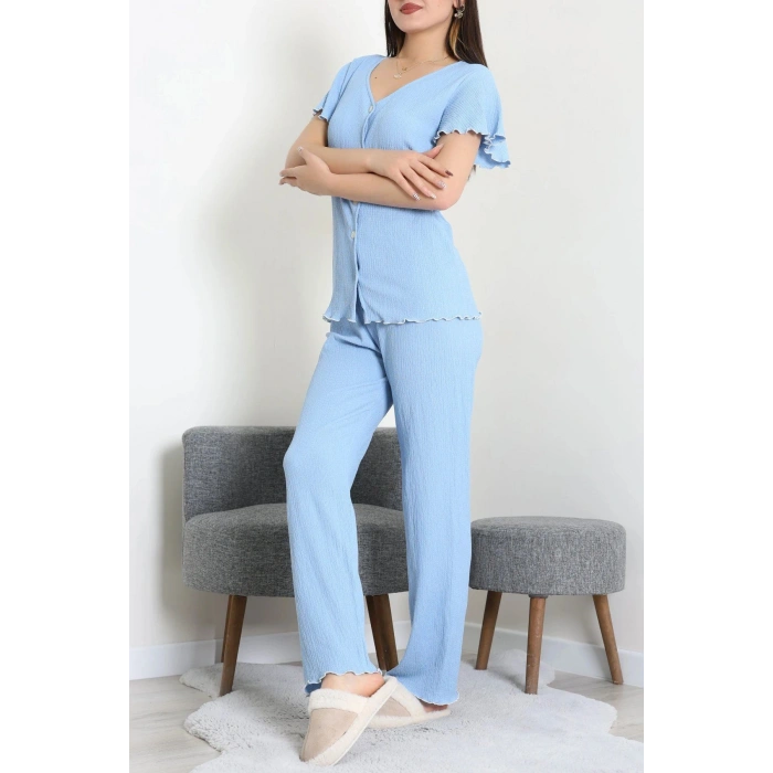 V Yaka Bürümcük Pijama Takımı Mavi - 52340.2159.