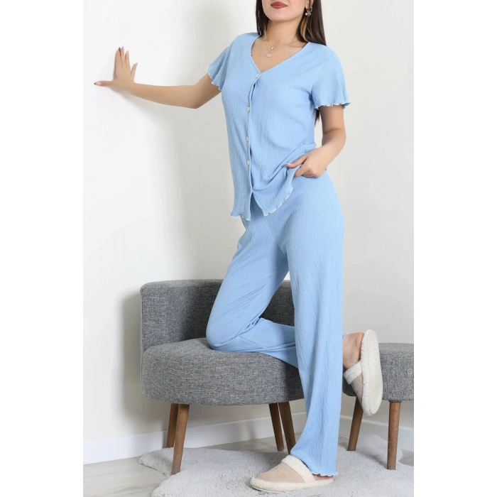 V Yaka Bürümcük Pijama Takımı Mavi - 52340.2159.
