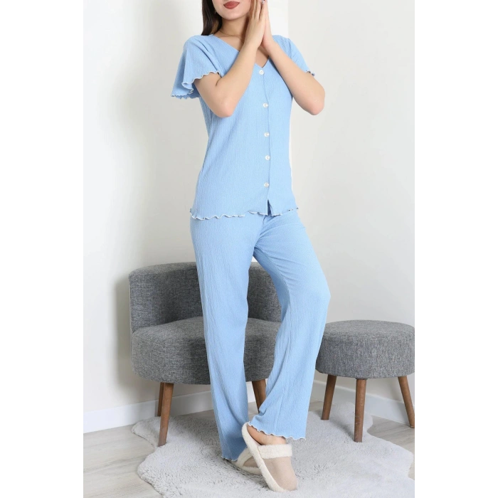 V Yaka Bürümcük Pijama Takımı Mavi - 52340.2159.