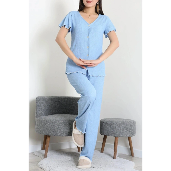 V Yaka Bürümcük Pijama Takımı Mavi - 52340.2159.