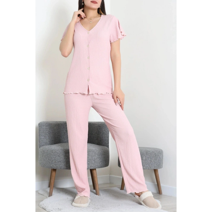 V Yaka Bürümcük Pijama Takımı Pudra - 52340.2159.