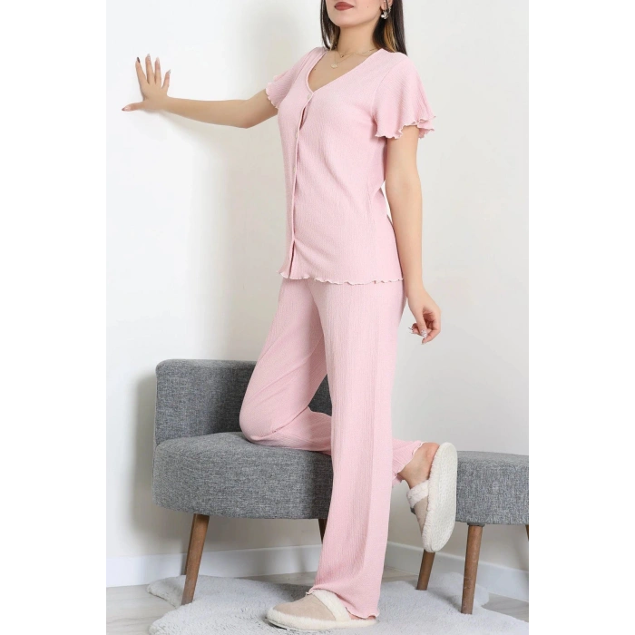 V Yaka Bürümcük Pijama Takımı Pudra - 52340.2159.