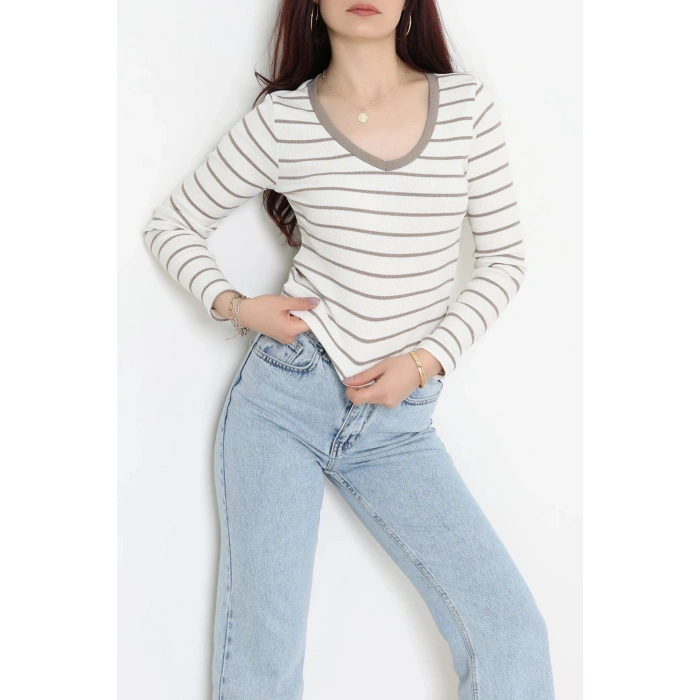 V Yaka Çizgili Kaşkorse Body Beyazkahve - 70763.1748.