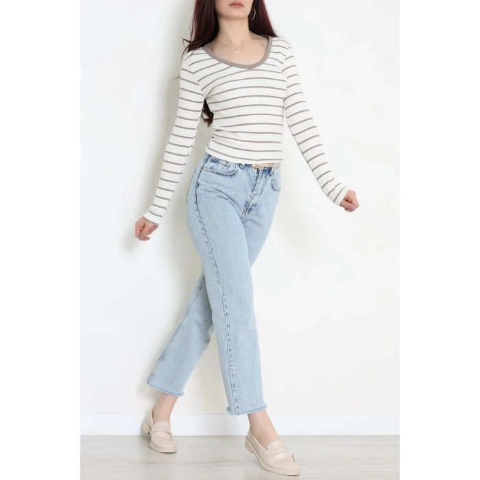 V Yaka Çizgili Kaşkorse Body Beyazkahve - 70763.1748.