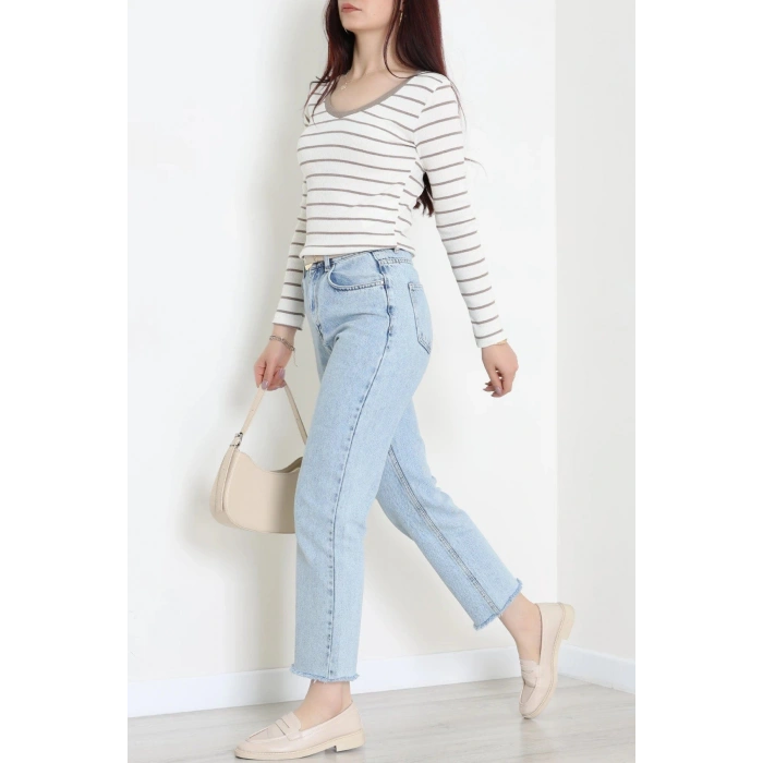 V Yaka Çizgili Kaşkorse Body Beyazkahve - 70763.1748.