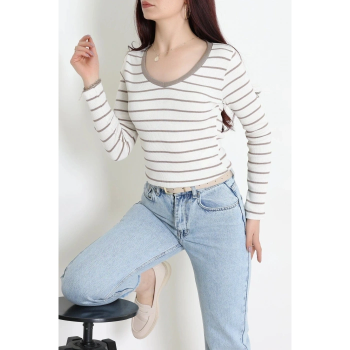 V Yaka Çizgili Kaşkorse Body Beyazkahve - 70763.1748.