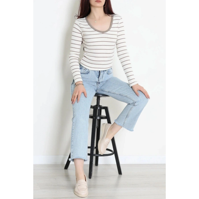 V Yaka Çizgili Kaşkorse Body Beyazkahve - 70763.1748.