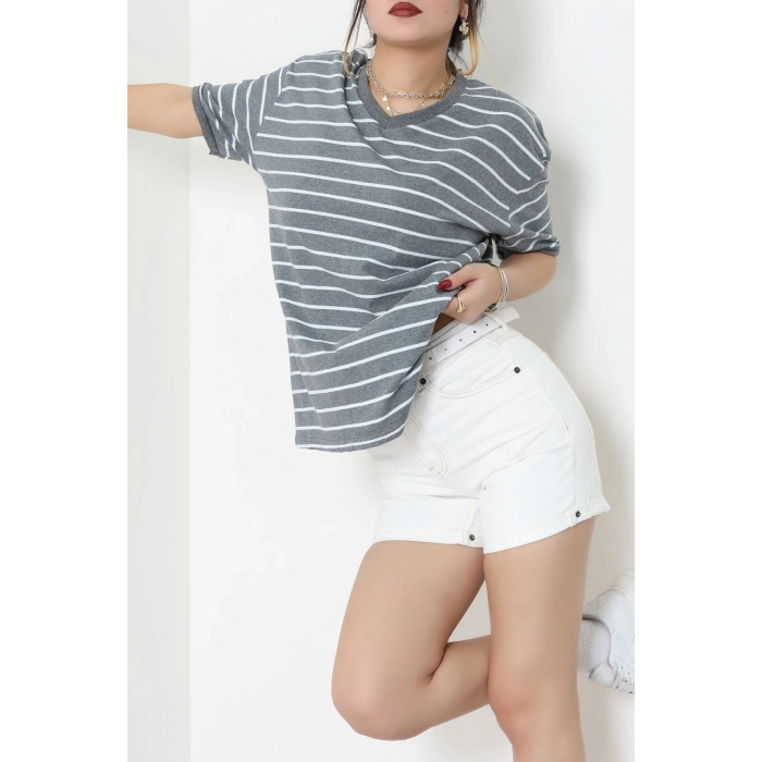 V Yaka Çizgili Rejenere Süprem Tişört Antrasitbeyaz - 602.1567.