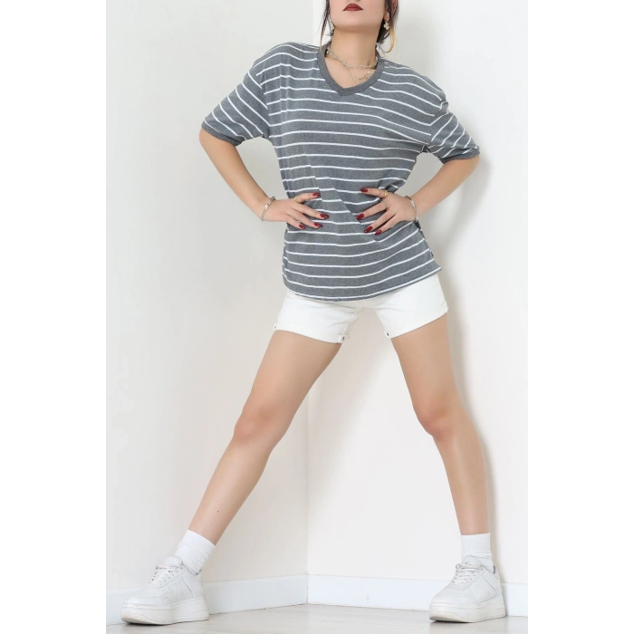 V Yaka Çizgili Rejenere Süprem Tişört Antrasitbeyaz - 602.1567.