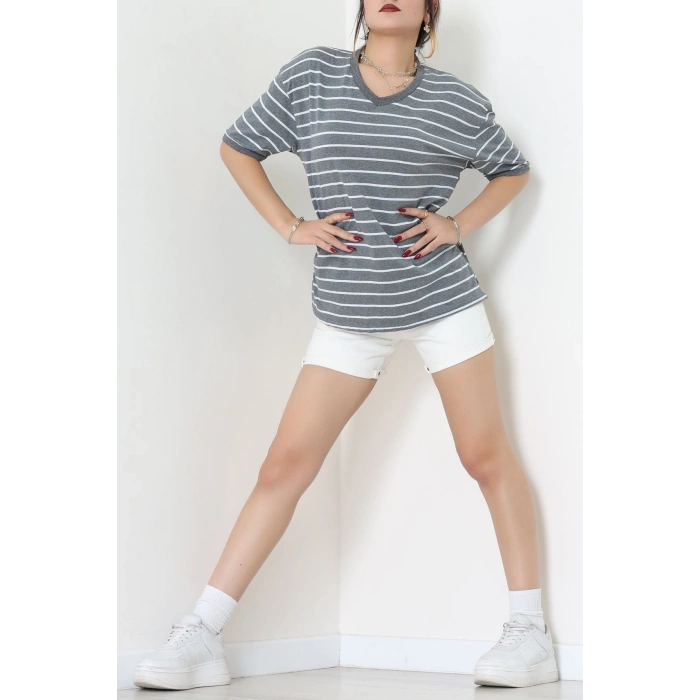 V Yaka Çizgili Rejenere Süprem Tişört Antrasitbeyaz - 602.1567.