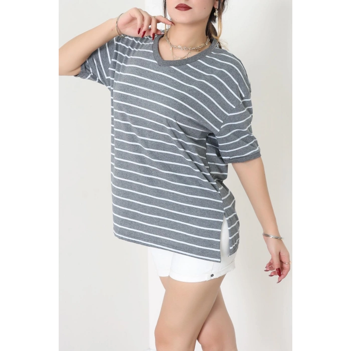 V Yaka Çizgili Rejenere Süprem Tişört Antrasitbeyaz - 602.1567.