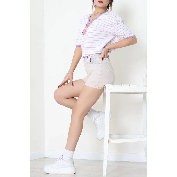 V Yaka Çizgili Rejenere Süprem Tişört Beyazlila - 602.1567.