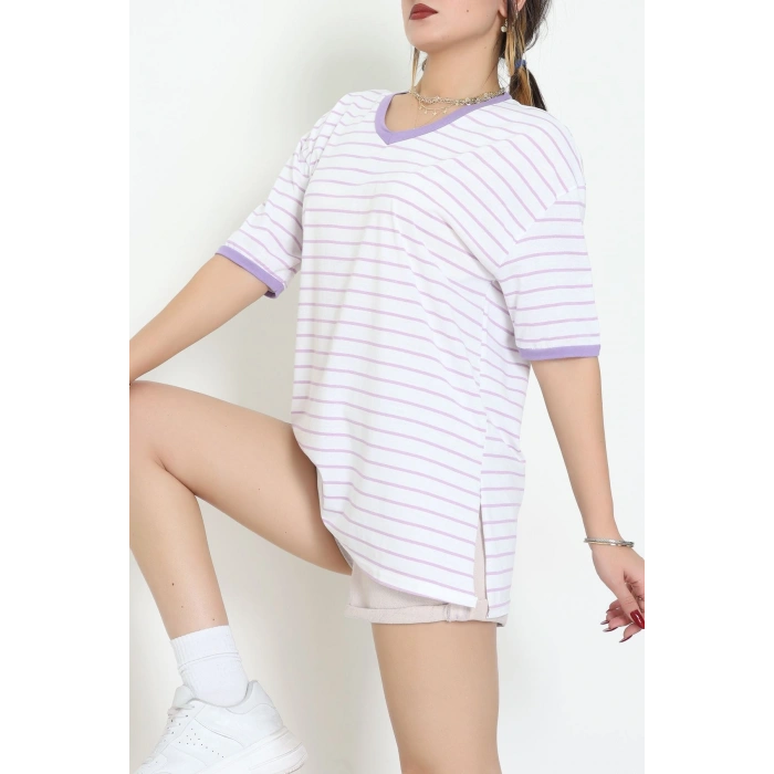 V Yaka Çizgili Rejenere Süprem Tişört Beyazlila - 602.1567.