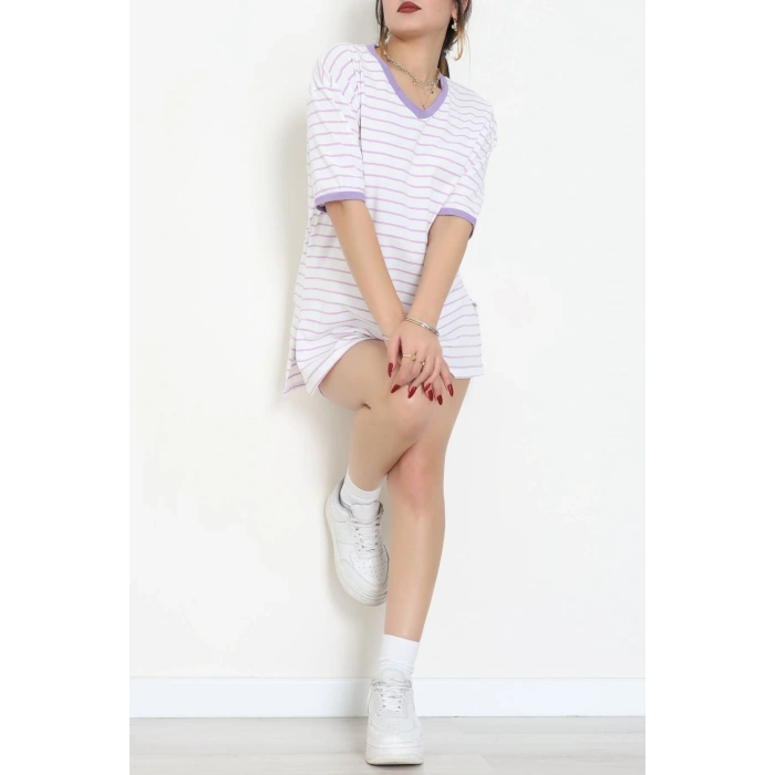 V Yaka Çizgili Rejenere Süprem Tişört Beyazlila - 602.1567.