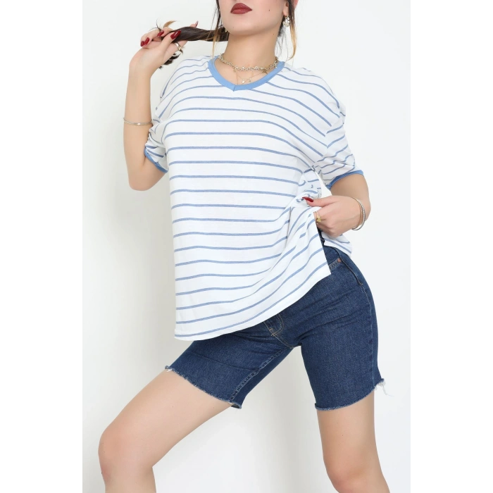 V Yaka Çizgili Rejenere Süprem Tişört Beyazmavi - 602.1567.