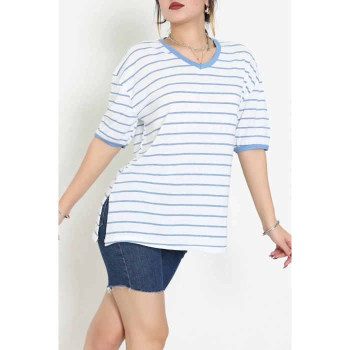 V Yaka Çizgili Rejenere Süprem Tişört Beyazmavi - 602.1567.