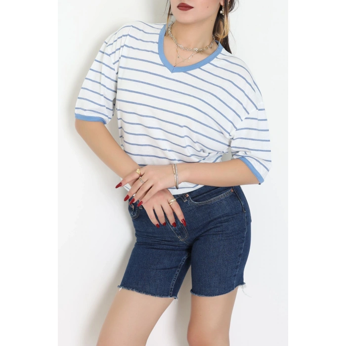 V Yaka Çizgili Rejenere Süprem Tişört Beyazmavi - 602.1567.