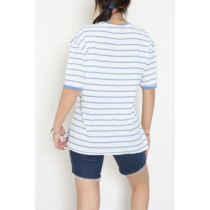 V Yaka Çizgili Rejenere Süprem Tişört Beyazmavi - 602.1567.
