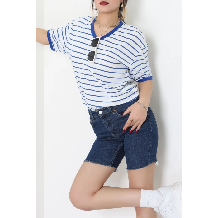 V Yaka Çizgili Rejenere Süprem Tişört Beyazsaks - 602.1567.