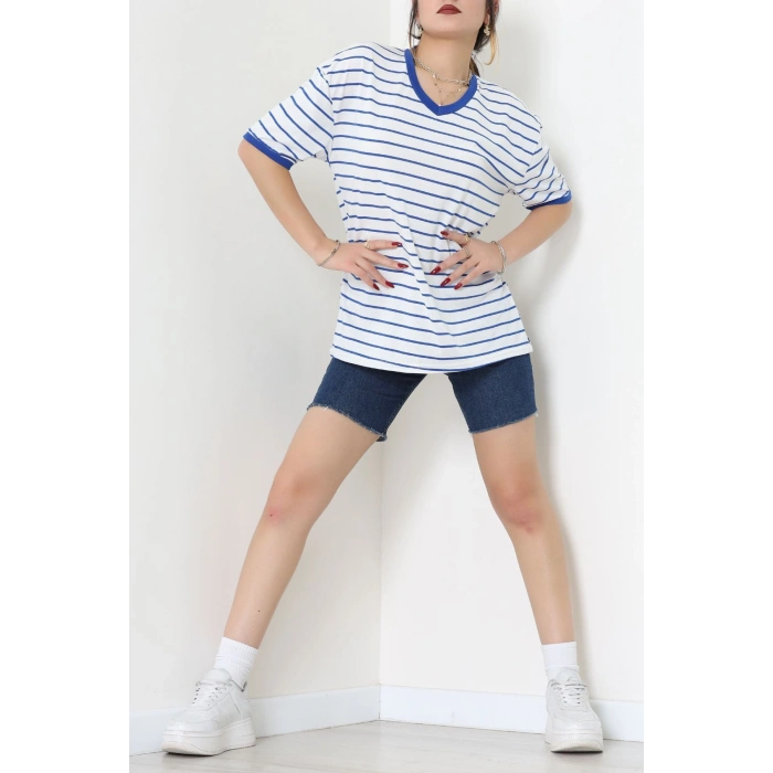 V Yaka Çizgili Rejenere Süprem Tişört Beyazsaks - 602.1567.