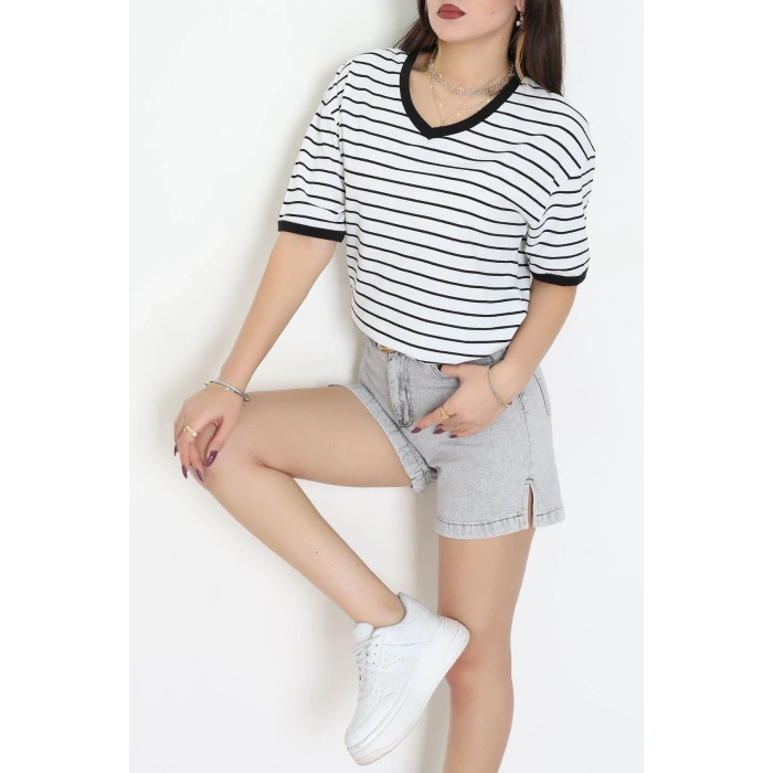V Yaka Çizgili Rejenere Süprem Tişört Beyazsiyah - 602.1567.