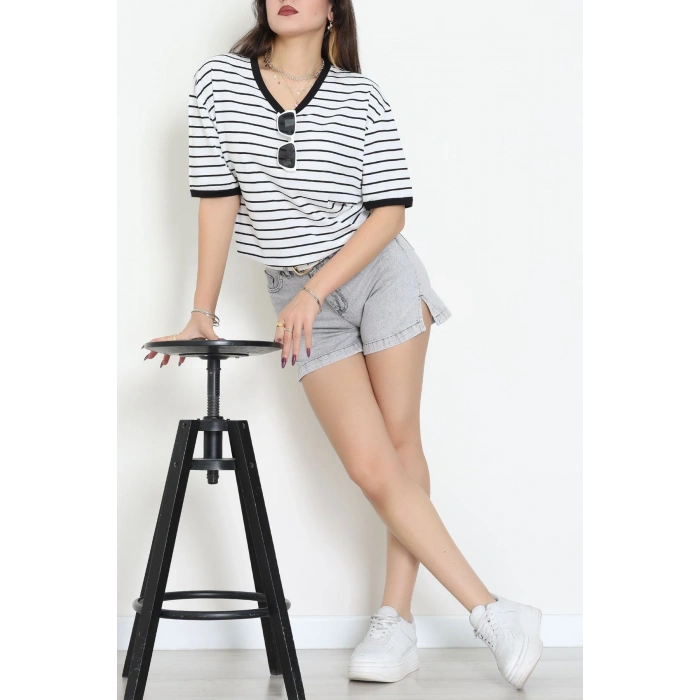 V Yaka Çizgili Rejenere Süprem Tişört Beyazsiyah - 602.1567.