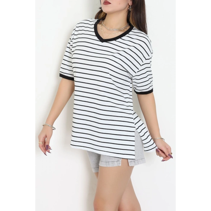 V Yaka Çizgili Rejenere Süprem Tişört Beyazsiyah - 602.1567.